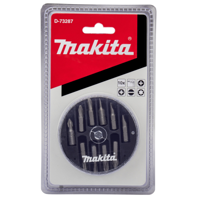 Sukimo antgalių komplektas Makita D-73287, (PH1,PH2,PH3,PZ2,PZ3,SL3,SL5,SL6,T20,T25), 10 vnt. 2