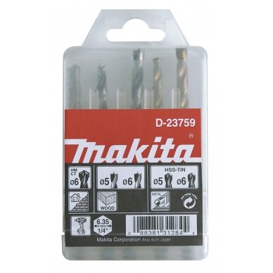 1/4" Grąžtų komplektas. (Medžiui 5,6 ; Metalui 5,6,8) Makita D-23759