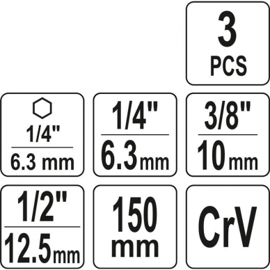 Ilgų adapterių komplektas Yato, 150 mm, 3 vnt. 3