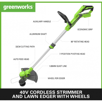 Akumuliatorinė žoliapjovė / trimeris Greenworks G40LT33K2, 40 V, 2,0 Ah, 33 cm 1