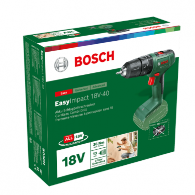 Akumuliatorinis smūginis gręžtuvas- suktuvas Bosch EasyImpact 18V-40, 18 V, (be akum. ir krov.) 1