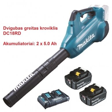 Akumuliatorinis pūtiklis Makita DUB362Z + (2x5.0Ah) su baterijomis ir dvigubu krovikliu