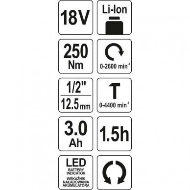 Akumuliatorinis smūginis veržliasūkis Yato, 3Ah, 250Nm, 18V 8