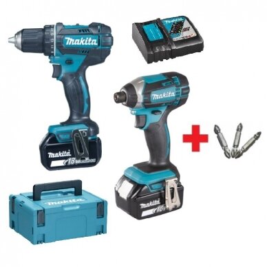 Akumuliatorinių įrankių komplektas Makita DLX2127MJ + dovana, 18 V, 2x4.0 Ah