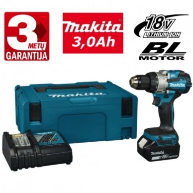 Akumuliatorinis suktuvas-gręžtuvas Makita DDF489RF1J, 18V, 1x3,0Ah