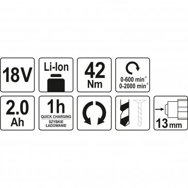 Akumuliatorinis suktuvas-gręžtuvas Yato, 18 V, 2,0 Ah, bešepetėlinis variklis 5