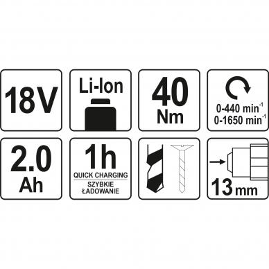 Akumuliatorinis suktuvas-gręžtuvas Yato, 18 V, 2,0 Ah, 2 greičiai 4