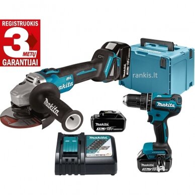 Akumuliatorinių įrankių komplektas MAKITA DLX2334J (DHP485Z+DGA504Z), 18V, 3x 3.0Ah