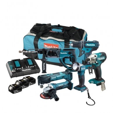 Akumuliatorinių įrankių rinkinys Makita DLX6100PX1 (DHP482 + DTD156 + DTM51Z + DHR202 + DGA452 + DML802); 18 V; 3x3,0 Ah