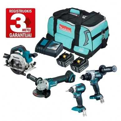 Akumuliatorinių įrankių rinkinys Makita DLX4156TX1 (DDF486z, DGA504Z, DHS660Z, DTD153Z) 18 V; 2x5,0Ah