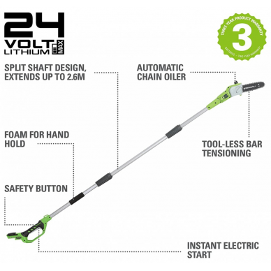 Akumuliatorinė akštapjovė Greenworks G24PS20, 24 V, (tik įrankis) 1