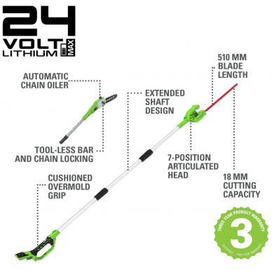 Akumuliatorinis gyvatvorių genėtuvo ir aukštapjovės komplektas Greenworks G24PSH, 24 V, (tik įrankis) 1