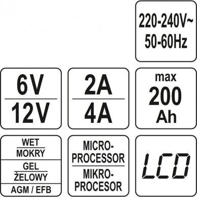 Pakrovėjas 6 V ir 12 V akumuliatorių įkrovimui Yato, 6V/2A 12V/4A 6