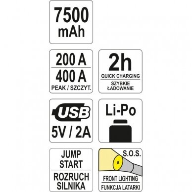 Daugiafunkcinis pakrovėjas, paleidėjas, power bank YATO 7500mAh (YT-83080) 7