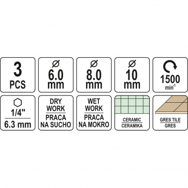 Deimantinių karūnų rinkinys Yato, 6,3 mm (1/4"), 3 vnt 3