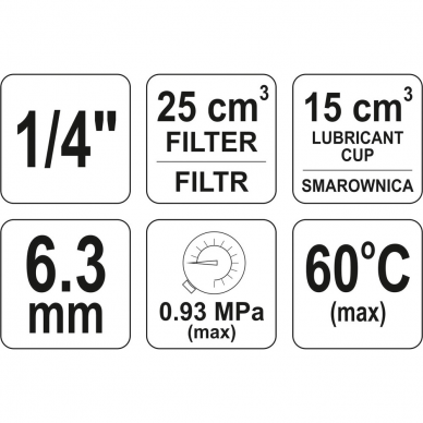 Drėgmės surinkėjas, reguliatorius su manometru ir tepaline Yato, 25 сm3, 1/4" 2