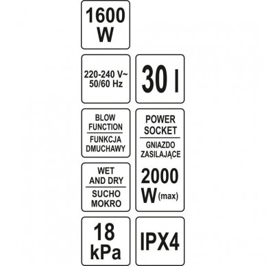 Dulkių siurblys pramoninis Yato, drėgna ir sausa funkcija, 1600W, 30 l (YT-85715) 3