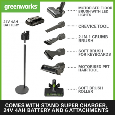 Akumuliatorinis dulkių siurblys – šluota Greenworks GD24SVK4DG, 24 V, 4,0 Ah, (su stovu) 6