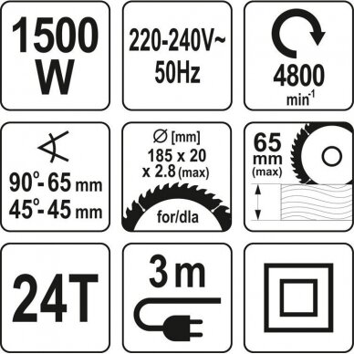 Elektrinis diskinis pjūklas Yato YT-82152, 1500W, 185mm 2