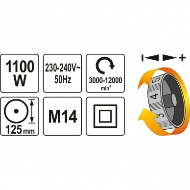 Elektrinis kampinis šlifuolkis Yato YT-82101, 1100 W, 125 mm, greičio reguliavimas 3