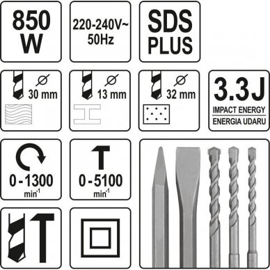 Elektrinis perforatorius Yato YT-82122, 850W, SDS PLUS 4