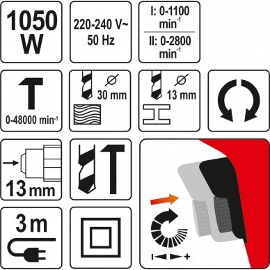 Elektrinis smūginis gręžtuvas Yato YT-82044, 1050W, metalinis griebtuvas, 2 greičiai 1