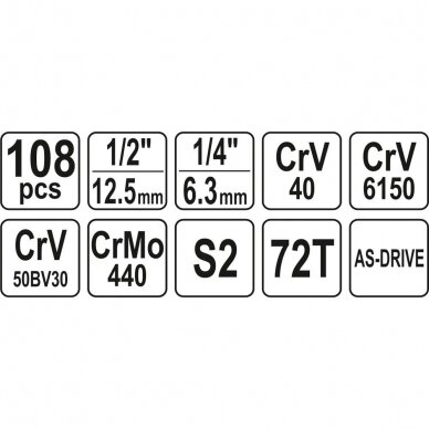 Galvučių ir įrankių rinkinys Yato 1/2" + 1/4" 108 vnt 4