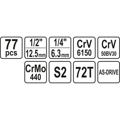 Galvučių ir įrankių rinkinys Yato, 6.3 mm (1/4") + 12.5 mm (1/2"), 77 vnt. 4