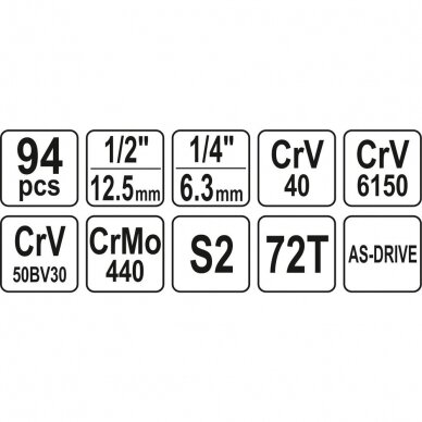 Galvučių ir įrankių rinkinys Yato 1/2" + 1/4" 94 vnt 5