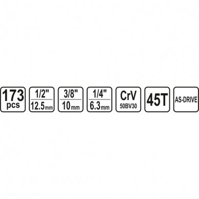 Galvučių ir raktų komplektas Sthor 173 vnt. 1/4" + 3/8" + 1/2" 4