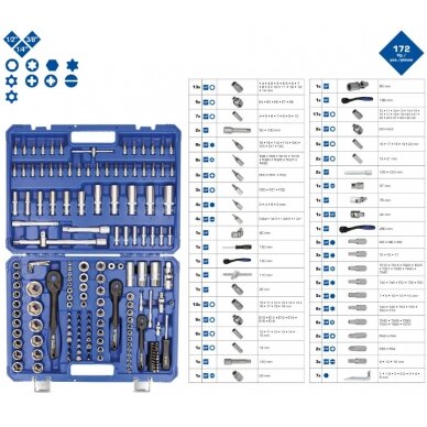 Galvučių komplektas, 172-vnt, 1/4", 3/8", 1/2", Brilliant Tools 1