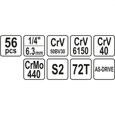 Galvučių su terkšle rinkinys Yato, 6.3 mm (1/4"), 56 vnt. 4