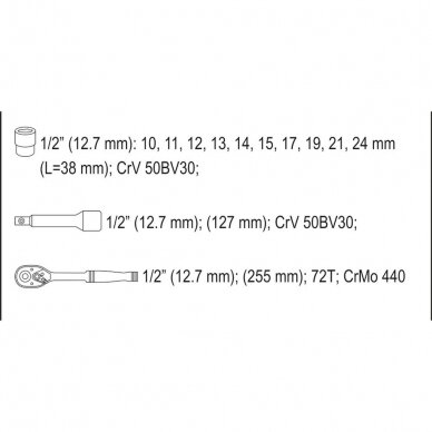 Galvučių ir įrankių rinkinys Yato, 12,5 mm (1/2"), 10-24 mm, 12 vnt. 5