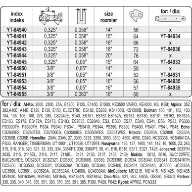 Grandinė pjūklui 14" 3/8" 0,05" 52 dantys (YT-84951) 3