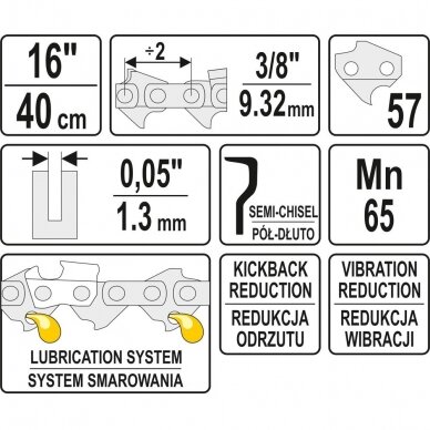 Grandinė pjūklui 16" 3/8" 0,05" 57 dantys (YT-84954) 2