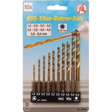 Grąžtų rinkinys su Hex 6.3 mm (1/4") galu BGS-technic 50801, 1.5 - 6 mm, 10 vnt. 2