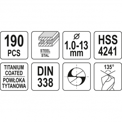 Grąžtų metalui rinkinys Yato YT-44677, Ø 1 - 13 mm, 190 vnt 4