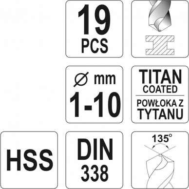 Grąžtų rinkinys Yato YT-44675, 1 - 10 mm, 19 vnt. 2