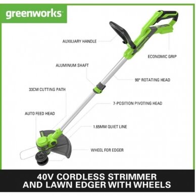 Akumuliatorinis trimeris Greenworks G40LT33, 40V (be akum. ir be krov.) 1