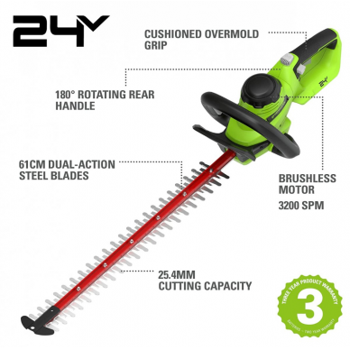 Akumuliatorinės gyvatvorių žirklės Greenworks GD24HT61K2 24V, 51cm (1x2.0Ah+krov.) 1