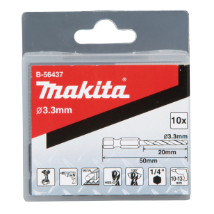 Grąžtas metalui Makita B-56437, HSS-G, 3,3x50MM, 1/4", (10 vnt.)