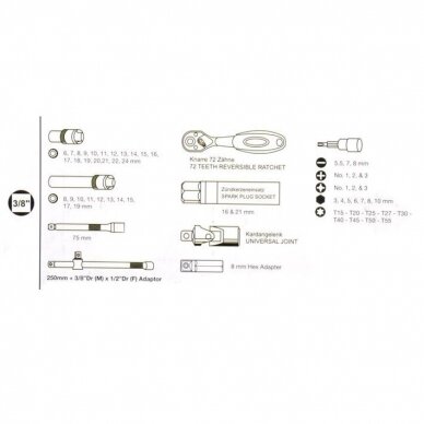 Įrankių ir galvučių komplektas BGS-technic, 10 mm (3/8"), 61 vnt. 7