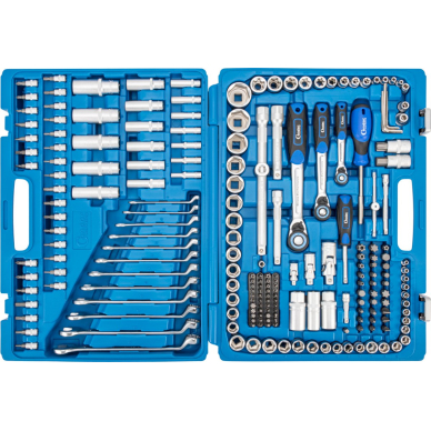 Įrankių komplektas 1/4+3/8+1/2" + raktai 215dalių 2