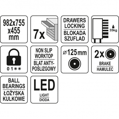 Įrankių spintelė ant ratukų Yato, 7 stalčiai, 1 šoninės durys, kodinis užraktas, led apšvietimas 9