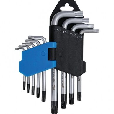 L tipo raktų rinkinys T-Star su skylutėm (Torx) T10 - T50 BGS-technic 9 vnt.