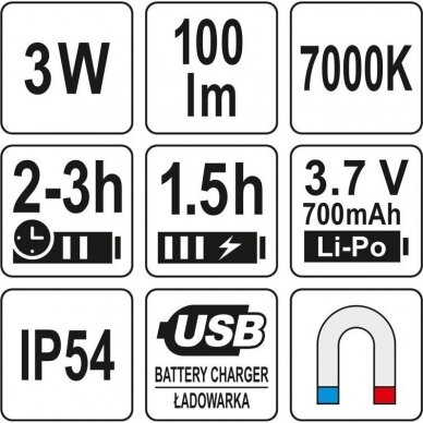 Lankstus įkraunamas prožektorius su magnetu Yato YT-08516, USB 4