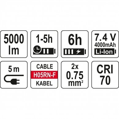 LED statybinis prožektorius Yato YT-81811, 5000lm (akum+230V) 6