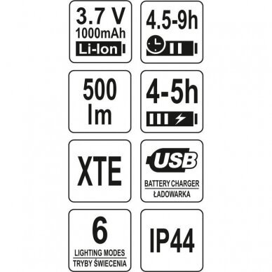 Lempa dedama ant galvos | akumuliatorinė | 500LM / 70 m | LI-ION 3,7V 1000MAH (YT-08596) 6