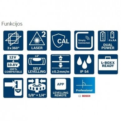 Linijinis lazerinis nivelyras Bosch GLL 3-80 C Professional 2Ah + laikiklis BM1 + imtuvas LR7 2