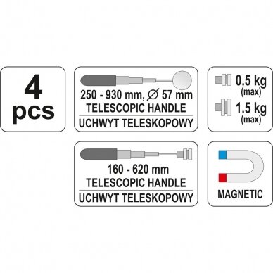 Ištraukiamų magnetų ir veidrodėlių rinkinys Yato, 4 vnt. 5